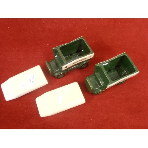 298 - TWO CERAMIC HARRODS DELIVERY VEHICLE BOXES WITH LIDS (TEA CADDIES?) BY LONDON POTTERY