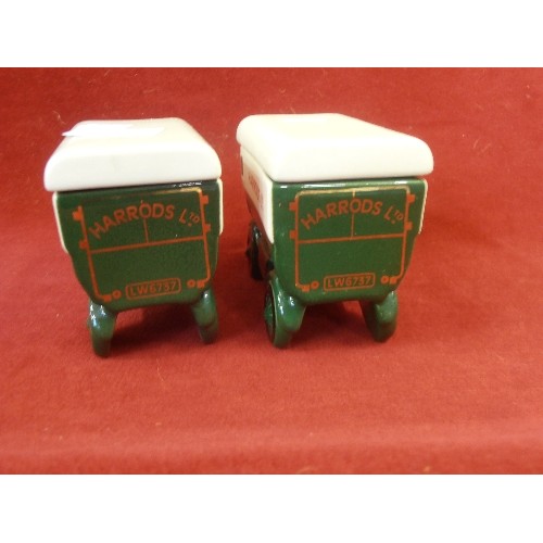 298 - TWO CERAMIC HARRODS DELIVERY VEHICLE BOXES WITH LIDS (TEA CADDIES?) BY LONDON POTTERY