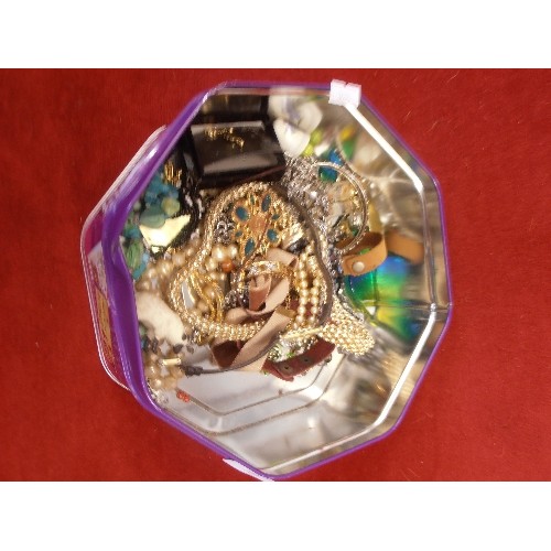 300 - TIN OF COSTUME JEWELLERY, NECKLACES, WATCH, BEADS ETC