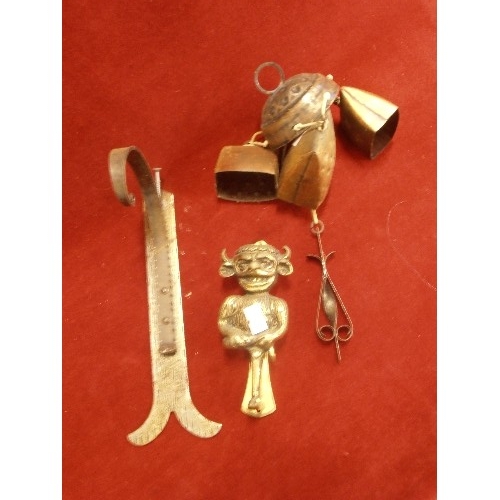 107 - BRASS DOOR KNOCKER (LINCOLN IMP) , DECORATIVE WALL BRACKET, AND A WIND CHIME.