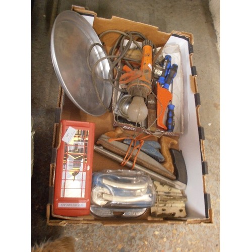 146 - BOX OF MIXED TOOLS, INC DOOR HANDLES [NEW & PACKAGED] HINGES, AND INSPECTION LAMP.