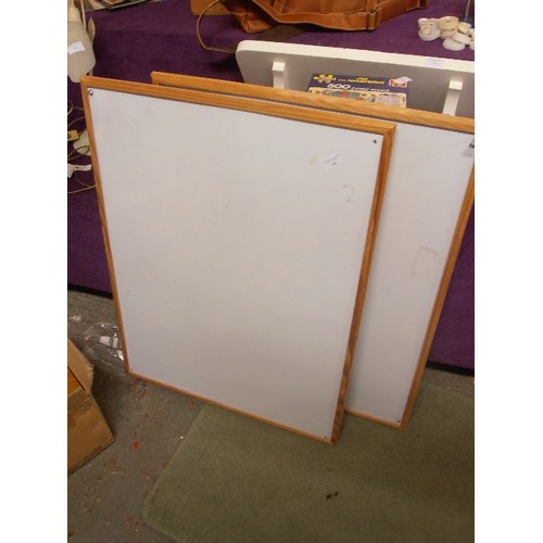 196 - A PAIR OF OFFICE WHITE BOARDS. PINE FRAMED. APPROX 60 X 80CM