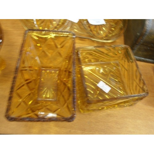 268 - ART DECO AMBER GLASS INCLUDING A BOWL WITH ELEPHANT HEAD HANDLES AND A TWO SECTION DISH