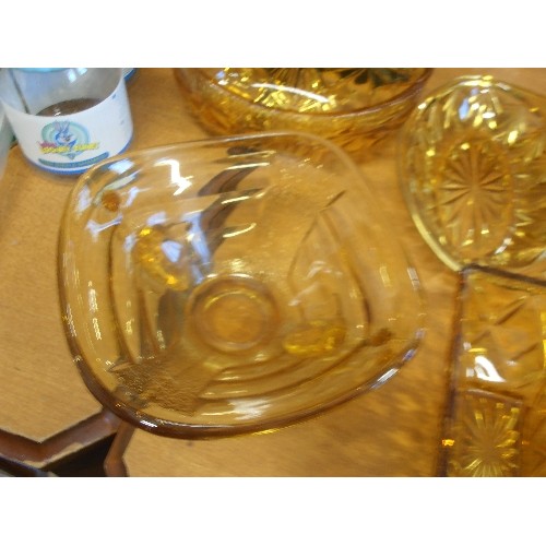 268 - ART DECO AMBER GLASS INCLUDING A BOWL WITH ELEPHANT HEAD HANDLES AND A TWO SECTION DISH