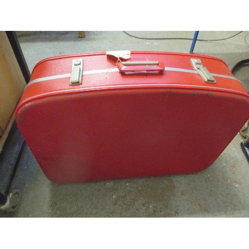 380 - LARGE BRIGHT-RED RETRO RIGID SUITCASE. LUGGAGE LABELS [TO NOTRE-DAME] STILL ATTACHED. APPROX 70CM L/... 