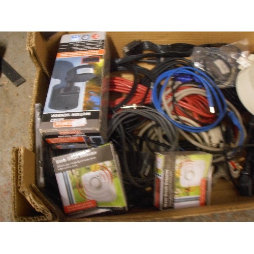 145 - MIXED BOX OF ELECTRICALS, INCLUDES CABLES, COMPUTER SPEAKERS, SCART LEADS, COMPUTER ITEMS ETC.