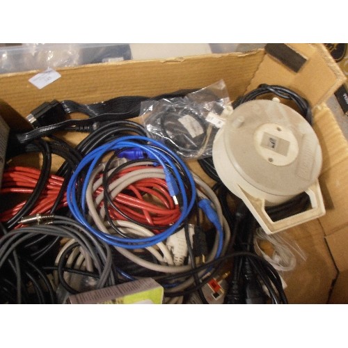 145 - MIXED BOX OF ELECTRICALS, INCLUDES CABLES, COMPUTER SPEAKERS, SCART LEADS, COMPUTER ITEMS ETC.