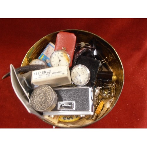 207 - VINTAGE BISCUIT TIN FULL OF OLD BITS & BOBS. INCLUDES 3 SEKONDA POCKET WATCHES, H. SAMUEL CUFFLINKS,... 