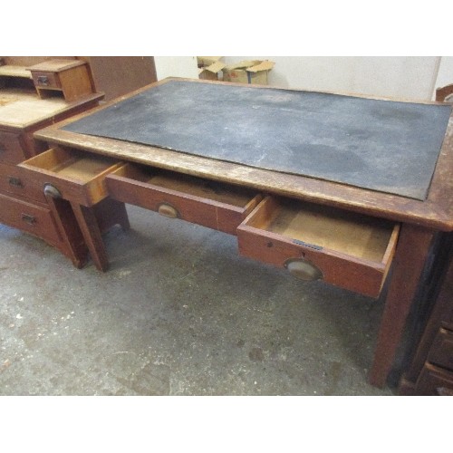 409 - LARGE 1940'S OAK HEADMASTER'S DESK OR LIBRARY TABLE WITH LEATHERETTE TOP, 3 DRAWERS WITH CUP HANDLES... 