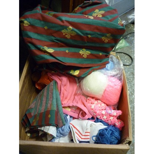 272 - BOX OF FABRIC ITEMS - BALLS OF WOOL, FLEUR DE LIS CURTAINS, SOFT TOYS