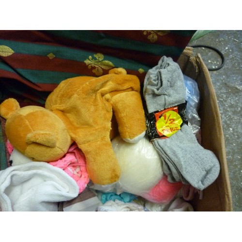 272 - BOX OF FABRIC ITEMS - BALLS OF WOOL, FLEUR DE LIS CURTAINS, SOFT TOYS