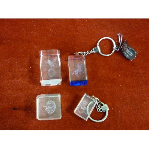 311 - FOUR GLASS LASER SCULPTURES, TWO AS KEYRINGS