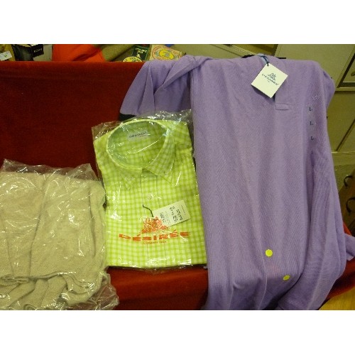 332 - BRAND NEW GENTS CLOTHES INC 2 X POLO SHIRTS, SIZE L, FAWN COLOURED WOOL JUMPER SIZE L AND A GREEN CH... 