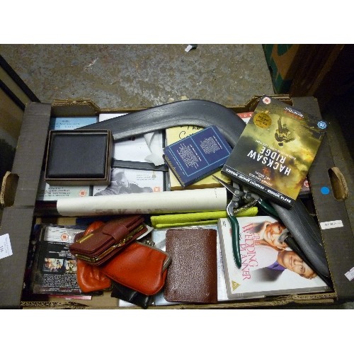 336 - MIXED BOX OF DVD'S, BOOKS, LEATHER PURSES AND WALLETS, A FOLDING LEATHER TRAVEL PHOTO FRAME IN BOX B... 