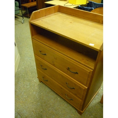 339 - THREE DRAWER PINE CHEST WITH UPSTAND AND SHELF