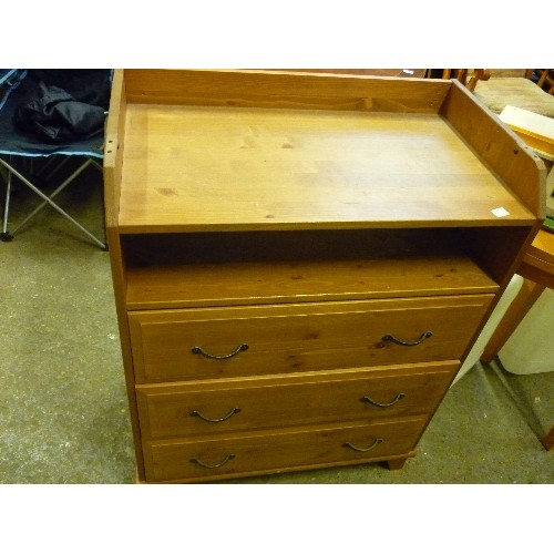 339 - THREE DRAWER PINE CHEST WITH UPSTAND AND SHELF