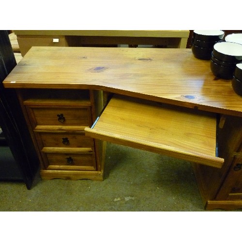 350 - PINE CORNER DESK UNIT WITH DRAWERS, CUPBOARD AND SLIDER FOR KEYBOARD - 135CM X 64CM