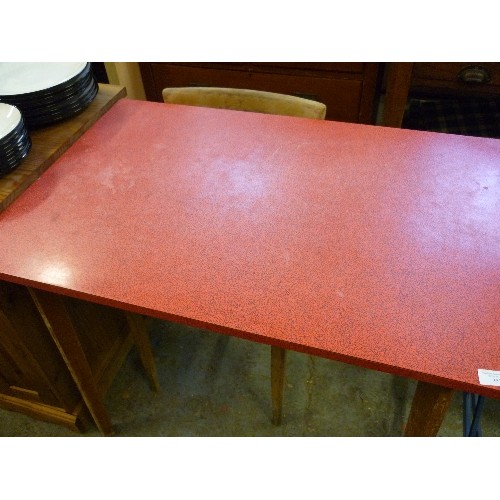 351 - RETRO KITCHEN TABLE WITH RED FORMICA TOP ON SPLAYED LEGS - 90CM X 60CM