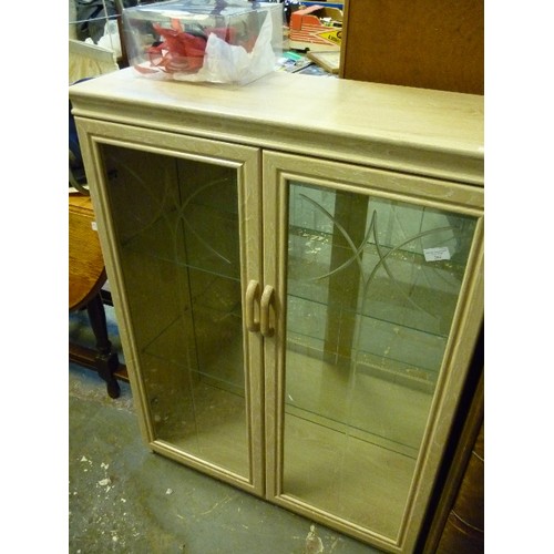 366 - SMALL LIMED WOOD EFFECT DISPLAY CABINET WITH GLASS SHELVES - GOOD COND