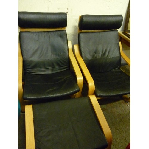 374 - PAIR OF IKEA LEATHER AND BENTWOOD ARMCHAIRS AND A FOOTSTOOL