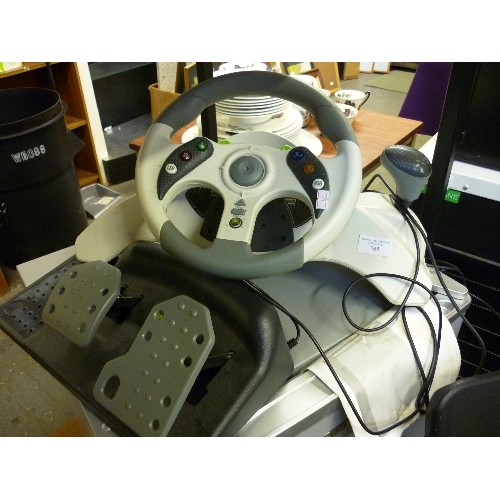 385 - MC2 ACTION GAME WITH STEERING WHEEL AND FOOT PEDALS