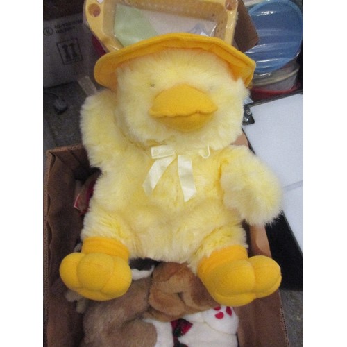 437 - 2 BOXES OF CUDDLY TOYS AND A CLOWN NIGHTDRESS CASE