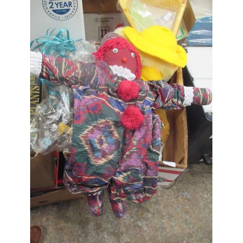 437 - 2 BOXES OF CUDDLY TOYS AND A CLOWN NIGHTDRESS CASE