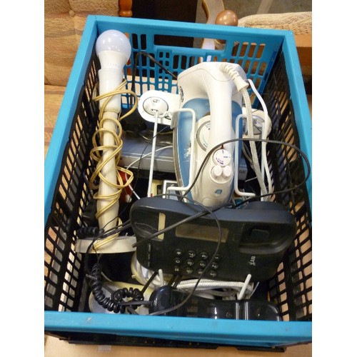 398 - CRATE OF ELECTRICALS, BREVILLE IRON, TABLE LAMP, TELEPHONES ETC