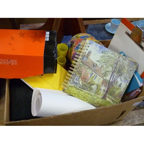 405 - BOX OF GOOD STATIONERY ITEMS INC NOTE BOOKS, PAPER, PEN STAND, GREETINGS CARD BOOK ETC