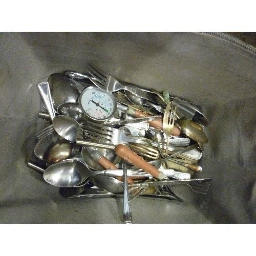 413 - TWO BOXES OF KITCHEN ITEMS - POTS, PANS, PYREX , CUTLERY ETC