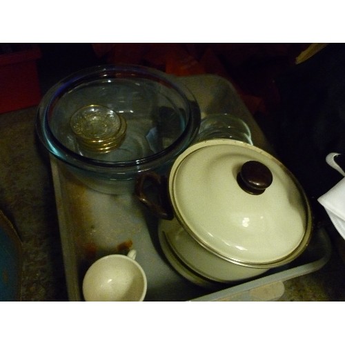 413 - TWO BOXES OF KITCHEN ITEMS - POTS, PANS, PYREX , CUTLERY ETC