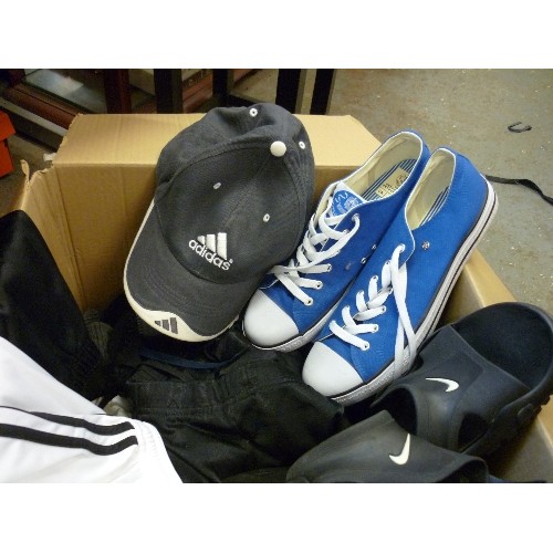 414 - BOX OF GENTS / SPORT CLOTHING INC ADIDAS & NIKE SHORTS. DUNLOP ORIGINAL SIZE 9 SHOES, ADIDAS CAP, NO... 