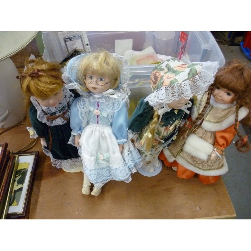 420 - 4 COLLECTORS DOLLS WITH PORCELAIN HEADS, 3 ON STANDS