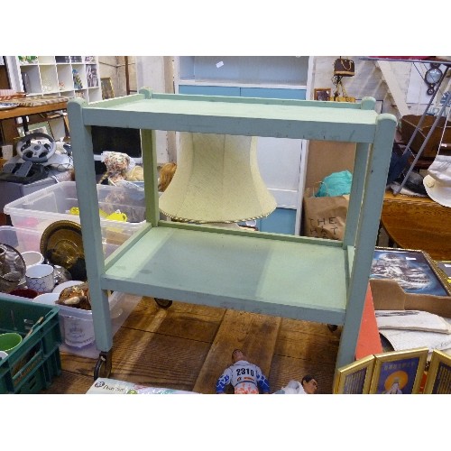 424 - VINTAGE WOODEN TEA TROLLEY IN SHABBY CHIC GREEN COLOUR