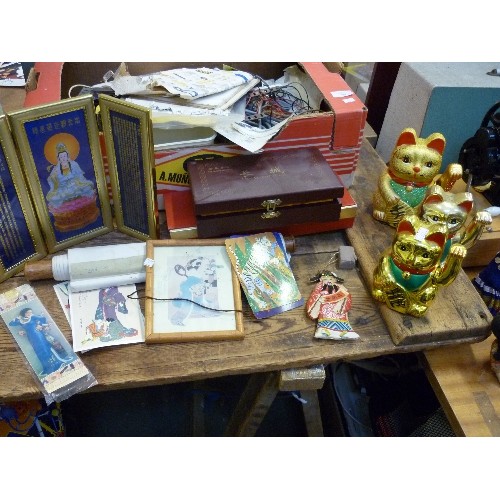 429 - MIXED LOT OF ORIENTAL & ASIAN ITEMS INC 3 LUCKY CATS, SCROLL PICTURE OF A BIRD, HINDU PRINT ETC