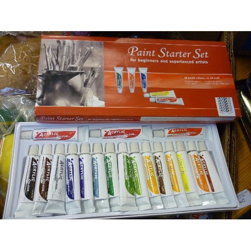 443 - BOX OF ARTISTS MATERIALS INC ACRYLIC PAINTS BY REEVES, GOOD ARTISTS BRUSHES, 12 GRADED DRAWING PENCI... 