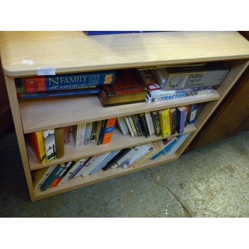 445 - SMALL MAPLE COLOURED BOOKCASE WITH 2 ADJUSTABLE SHELVES - 80CM X 35CM X 76CM TOGETHER WITH THE CONTE... 