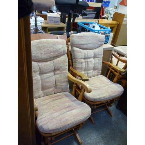 449 - TWO AMERICAN STYLE ROCKING CHAIRS - BACK AND SEAT CUSHIONS REMOVABLE WITH TIES