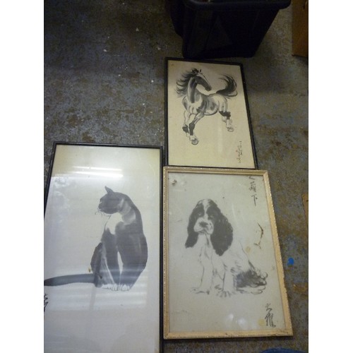 450 - THREE VINTAGE CHINESE FRAMED PRINTS INC SIAMESE CAT BY KWOK TA-WEI - 1950'S