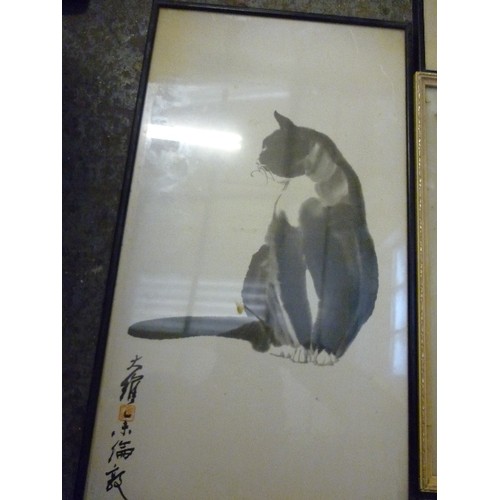 450 - THREE VINTAGE CHINESE FRAMED PRINTS INC SIAMESE CAT BY KWOK TA-WEI - 1950'S