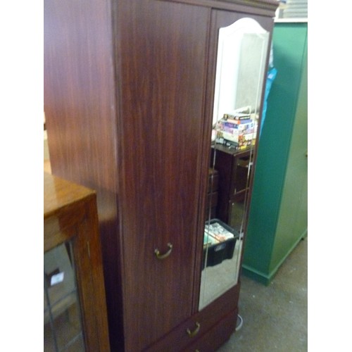 454 - SINGLE WARDROBE IN DARK WOOD EFFECT WITH MIRRORED DOOR, 2 DRAWERS  - GOOD COND