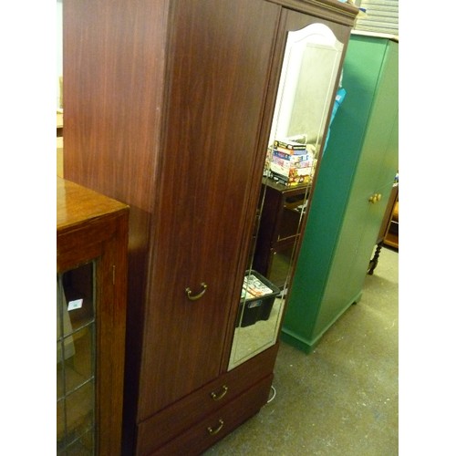 454 - SINGLE WARDROBE IN DARK WOOD EFFECT WITH MIRRORED DOOR, 2 DRAWERS  - GOOD COND