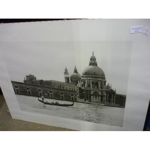 471 - LARGE BLACK AND WHITE PHOTOGRAPH OF VENICE 80CM X 60CM, IN PERSPEX CLIP FRAME