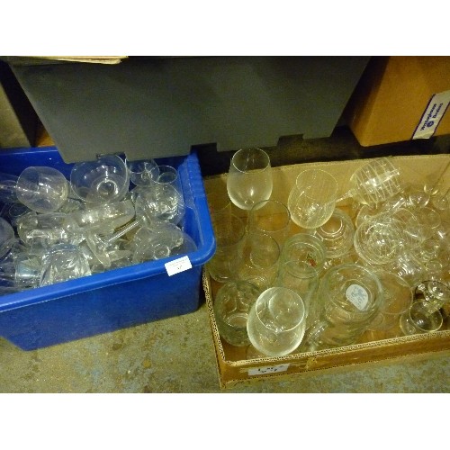 477 - TWO BOXES OF DRINKING GLASSES, SUNDAE DISHES ETC