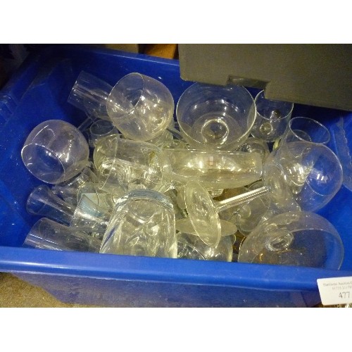 477 - TWO BOXES OF DRINKING GLASSES, SUNDAE DISHES ETC