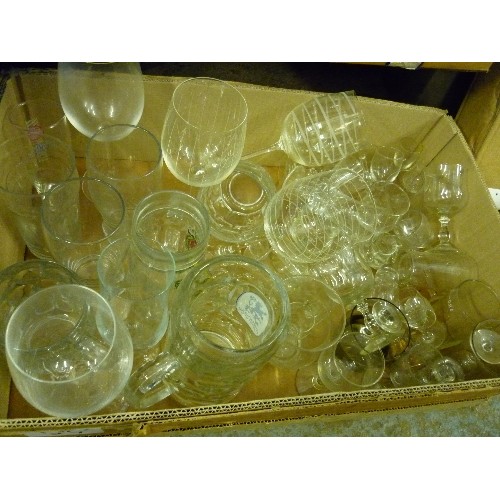 477 - TWO BOXES OF DRINKING GLASSES, SUNDAE DISHES ETC