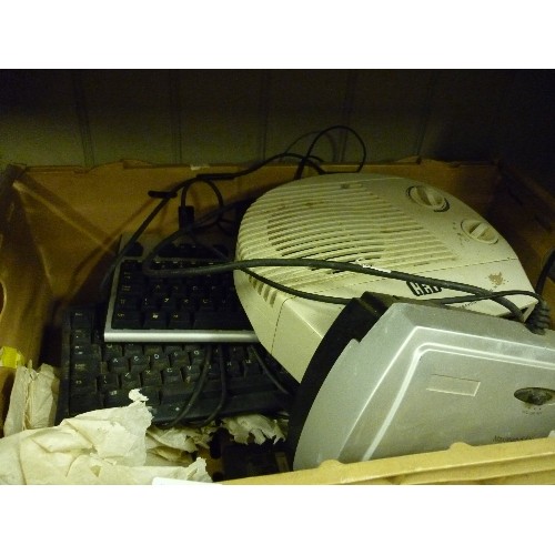 479 - BOX OF ELECTRICALS, FAN HEATER, KEYBOARDS, PAPER SHREDDER ETC