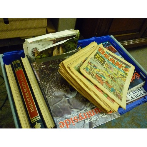 480 - CRATE OF MAGAZINES (SOME BOUND) AND COMICS INCLUDING BEANO 1980'S, THE LIVING COUTRYSIDE, SCIENTIFIC... 