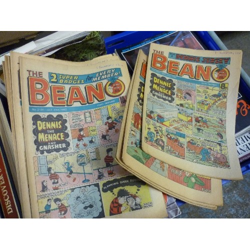 480 - CRATE OF MAGAZINES (SOME BOUND) AND COMICS INCLUDING BEANO 1980'S, THE LIVING COUTRYSIDE, SCIENTIFIC... 