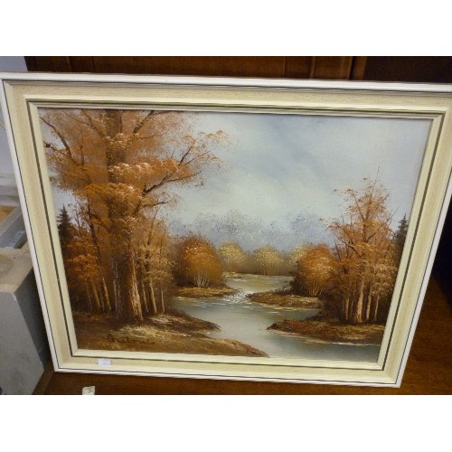 481 - OIL PAINTING ON CANVAS OF AN AUTUMNAL RIVER BANK SCENE SIGNED 